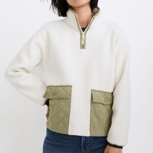 MADEWELL Cream Green Resourced Fleece Quilted Pocket Popover Jacket Small